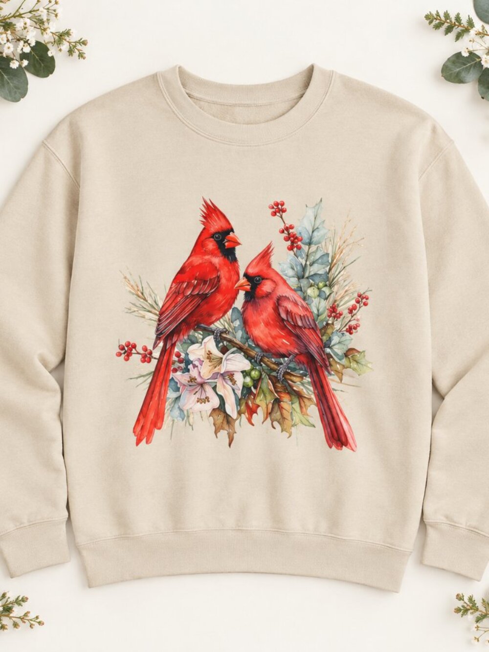 Winter Cardinal Sweatshirt Sand Red Bird Watercolor Floral Crewneck Holiday